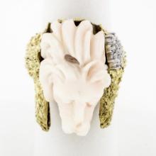 Vintage 14k Gold LARGE Hand Carved Lion's Head Soft Pink Angel Skin Coral Ring