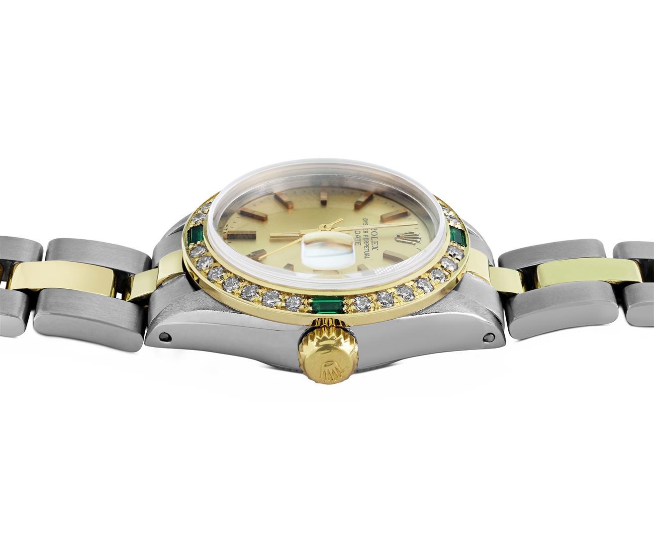 Rolex Ladies 2Tone 18K Yellow Gold Diamond And Emerald Bezel Date Watch With Rol