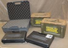 Three Foam-Lined Handgun Cases and 2 Ammo Cans