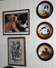 3 Dog -Themed Framed Plates and 2 Framed Pictures